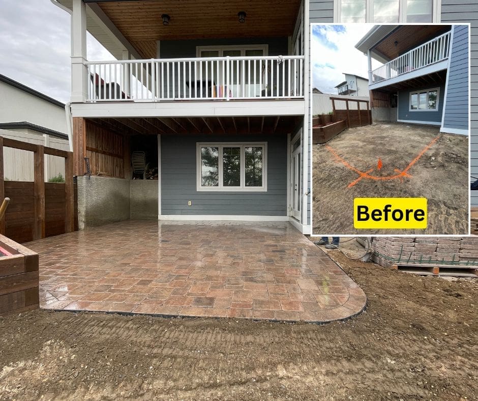 Outdoor landscaping with Roman paver walkway and patio in Regina