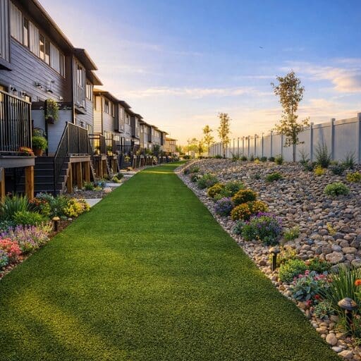 Commercial landscaping installation in Regina with professional plant beds and clean hardscape design