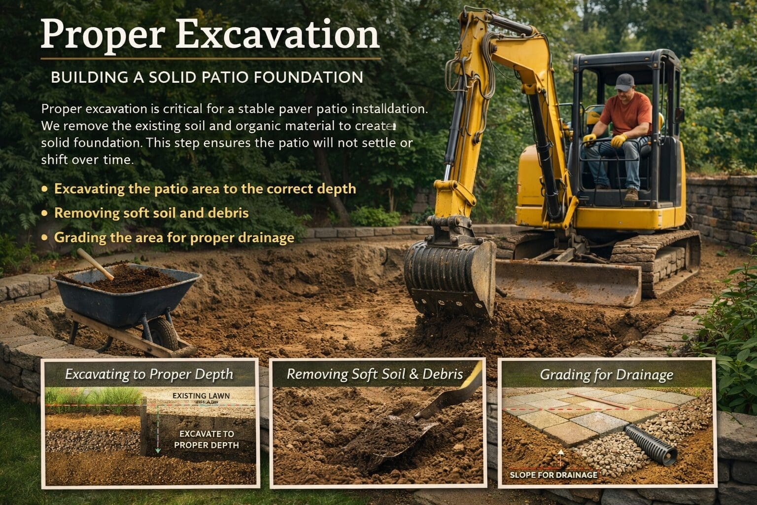 Proper excavation is critical for a stable paver patio installation.