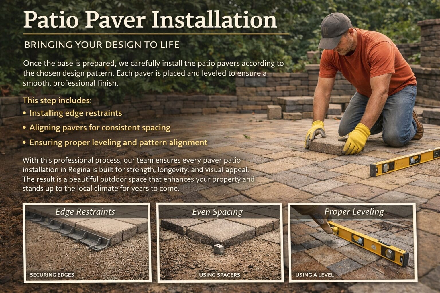 carefully install the patio pavers according to the chosen design pattern